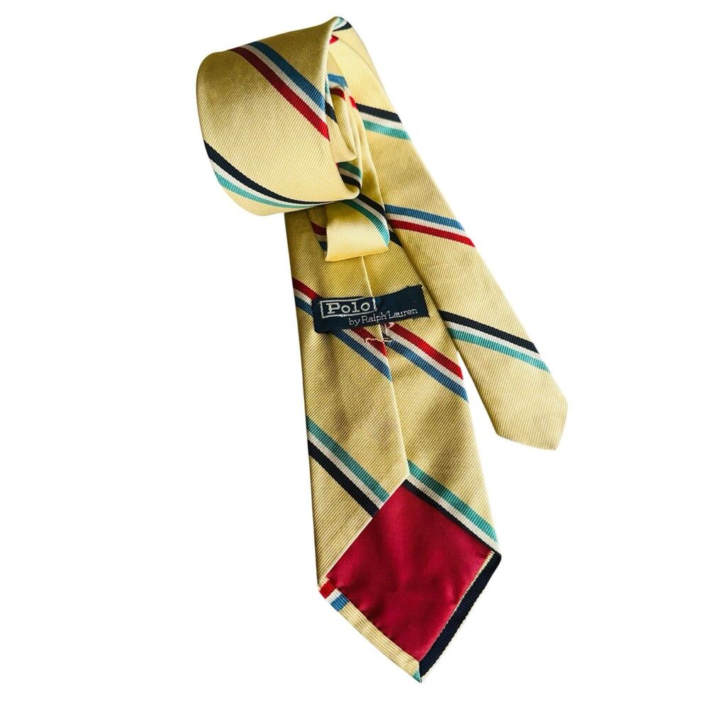 Vtg Polo Ralph Lauren Tie Mens Gold Navy White Red Striped Silk Hand Made in USA